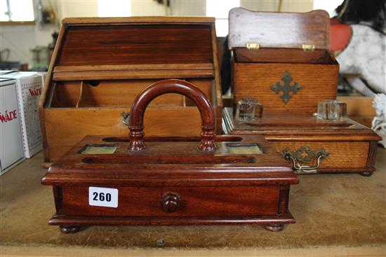 Victorian oak desk stand, another stand and desk top stationery cabinet